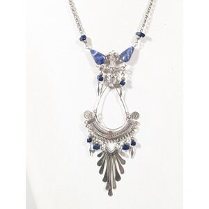 Beachy Boho‎ Western Blue Stone Fringe Bib Necklace Tribal Silver Tone 21 in